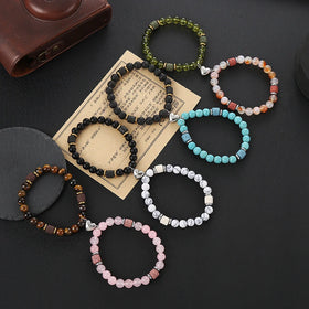 8mm Handmade Stretchy Healing Natural Pink Crystal Round Beads Agate Gemstone Long Distance Magnetic Bracelet for Couples