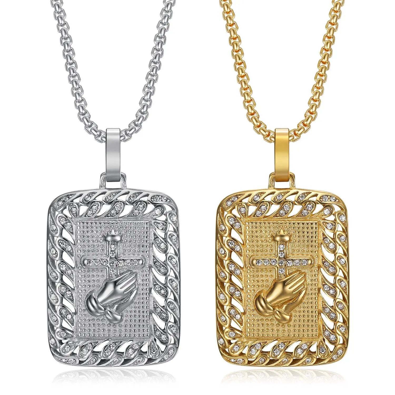 Gothic Cross Praying Hand Pendant Stainless Steel Jewelry Charms Cubic Zirconia Men's Necklace Gold Plated