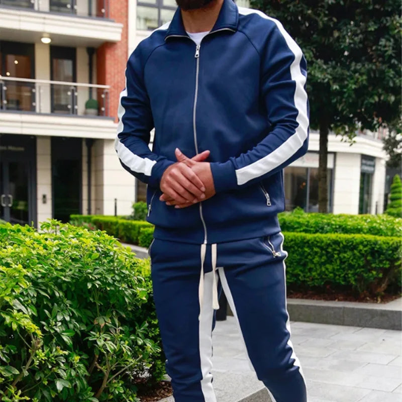Spring and Autumn Trendy Men's Suit Casual Patchwork Contrast Color Sports Stand-Up Collar Sweater and Pants Two-Piece Suit