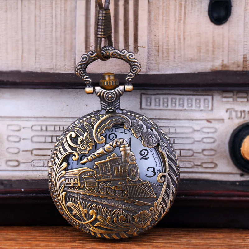 Hollow Design Train Carved Quartz Pocket Watch Hot Sale Fob Pendant Necklace Chain Men Women Watch Pocket Clock