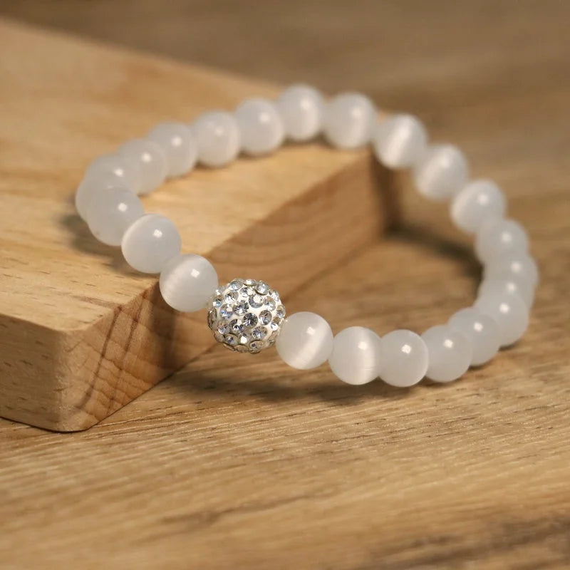 8mm White Cat's Eye Beaded Bracelet for Women Fine Jewelry Gemstone Bracelet Bohemian Healing Crystal Stretch Stone Bracelet