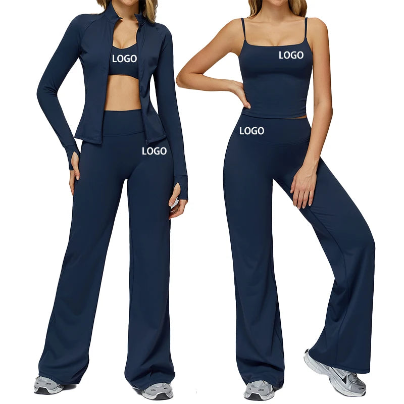 Women's New Yoga Sports Set Flare Pants Gym Top Long Sleeve Gym Set Yoga Bra Jackets Suit High Waist Leggings Bell Bottoms