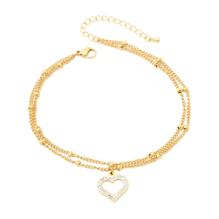 Trend Fashion Jewelry Stainless Steel Gold Plated Heart Shape Zircon Pendant Beads Double Chain Women Luxury Foot Anklet