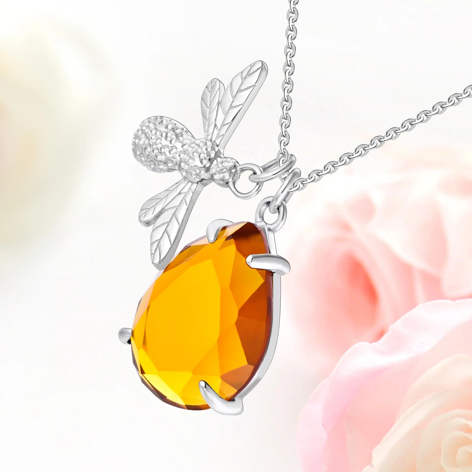 QX CUSTOM OEM Women 925 Sterling Silver Bee Charms Zircon Gemstone Necklaces