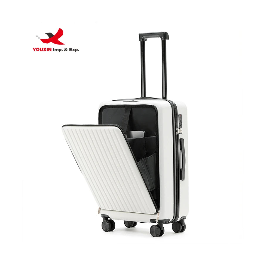 Gift custom Travel Mobile Phone Bracket Carry on Luggages Box Hardside Travel Hook Suitcase With Cup Holder USB Charging