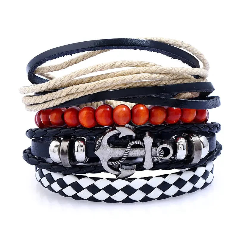 Fashion Black and White Leather Charm Bracelet Sets with Antique Silver Plating Fashion Anchor Design for Men and Women