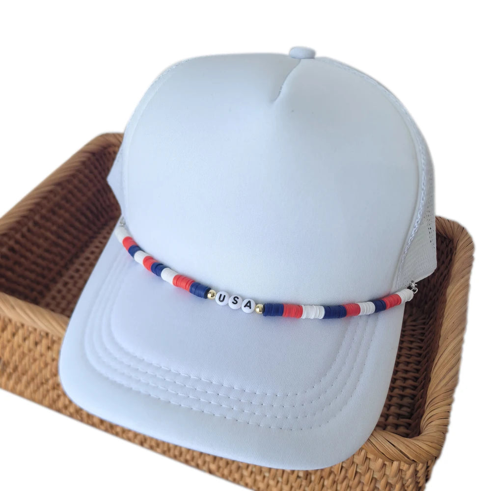 USA Blue Red White Letter Mesh Trucker Hat Chains Seed Beads Chains for Cap Bracelet Bands Hat Jewelry Accessories