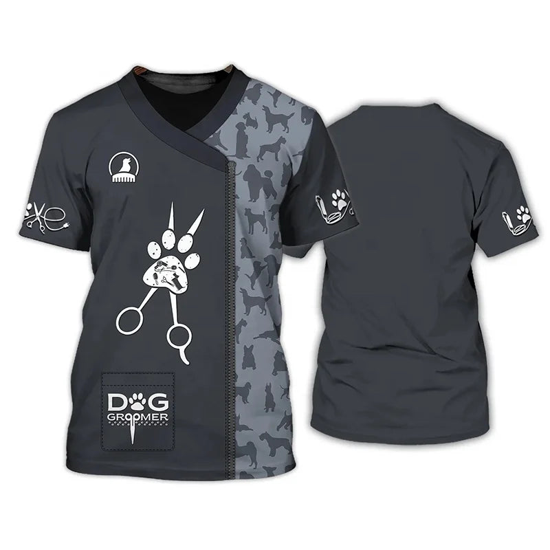 FYD Wholesale Pet Store Funny Uniform Groomer 3D Print Work Loose Comfortable Round Neck Short Sleeve T-shirt Top