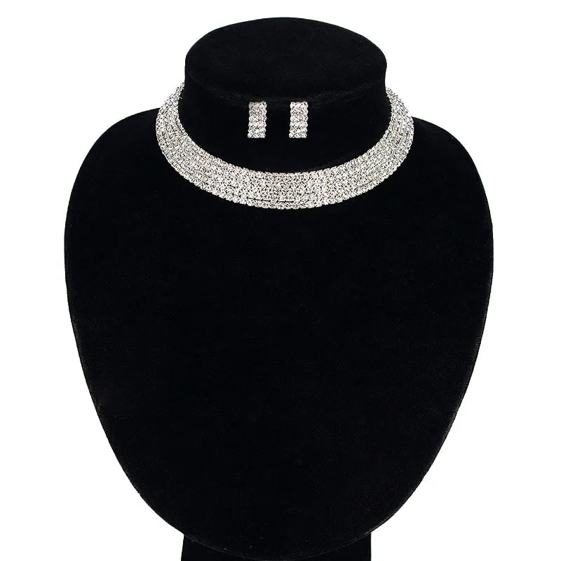 Custom Wedding Jewelry Sets Fashion Women Bridal Crystal Rhinestone Choker Necklace Ear Sets for Girls Lady