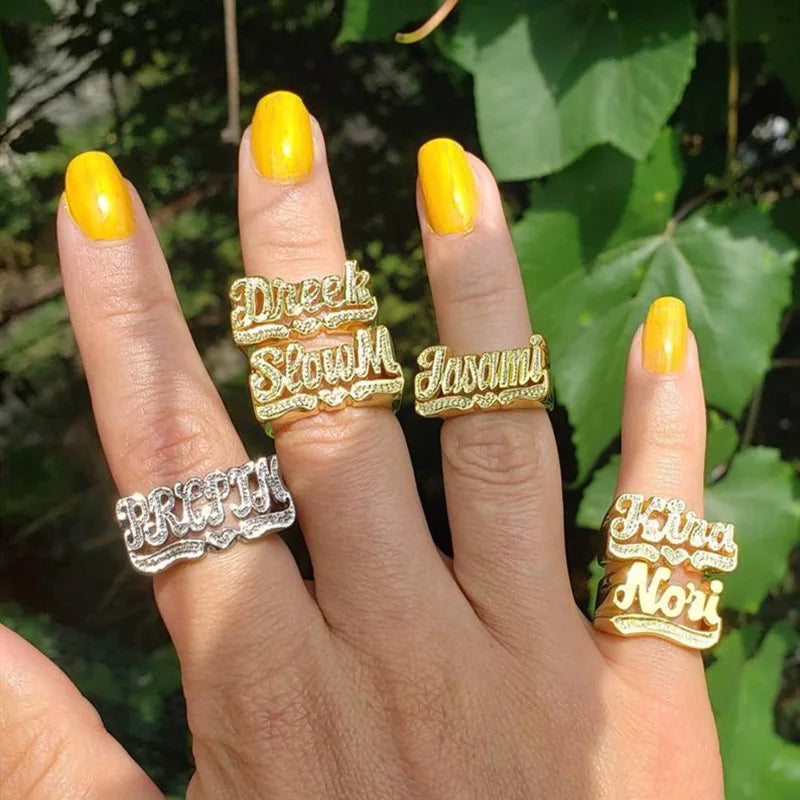 Personalized 3D Finger Name Ring Gold Plated Women Man Custom Letter Rings for Gifts