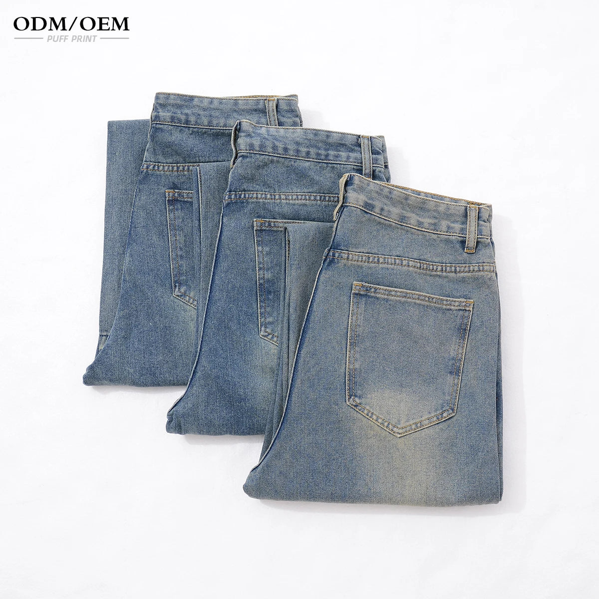 Custom Logo Men's Denim Jeans Mid Waist Sweet Style Breathable Plus Size Straight Wide Leg Baggy Fit
