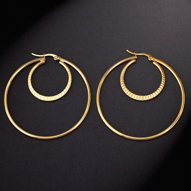 European and American Fashion Simple Style Jewelry Stainless Steel Metal Double Layer Small Circle Hoop Earrings
