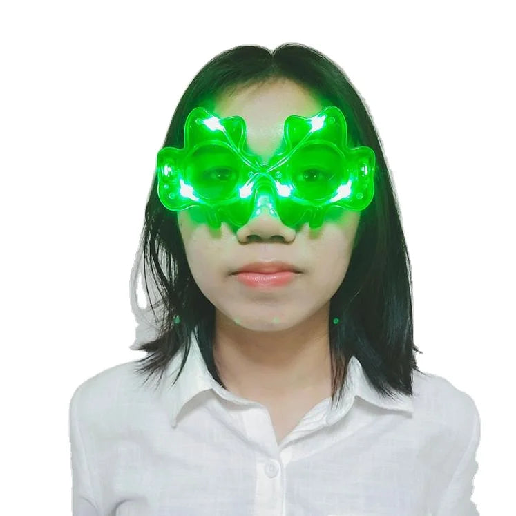 Irish Shamrock Leaves Green Glasses  LED Light up Flashing Shamrock Sunglasses for  St. Patric's  Day