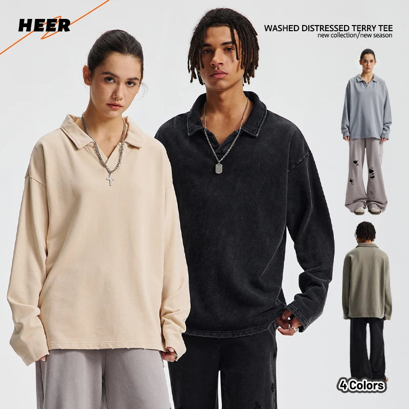 OEM Custom Logo Print Men's 400gsm Cotton Oversize Vintage Washed Distressed Hem Terry Long Sleeved T-shirts