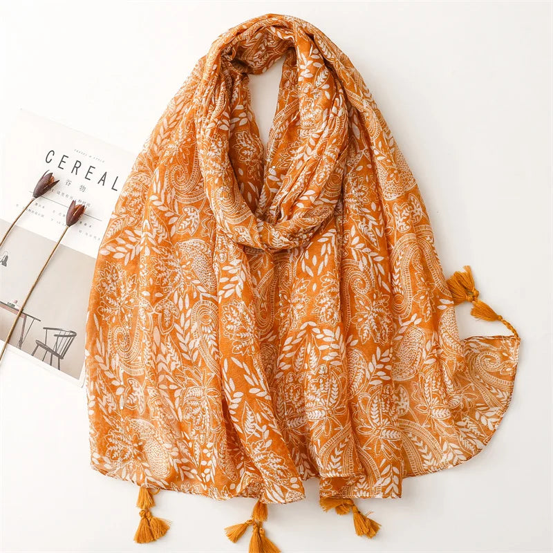New Custom Summer Lightweight Gold Yellow Hook Flower Print Cotton Voile Hijabs Muslim Women Head Wrap Scarf With Sequins