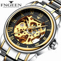 FNGEEN 8866 Watches Fashion Roman Analog Dial Male Clock Skeleton Mechanical Stainless Steel Band Luminous Watch Men Wrist