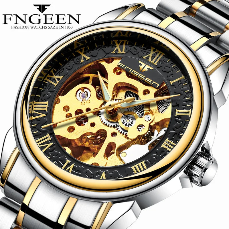 FNGEEN 8866 Watches Fashion Roman Analog Dial Male Clock Skeleton Mechanical Stainless Steel Band Luminous Watch Men Wrist