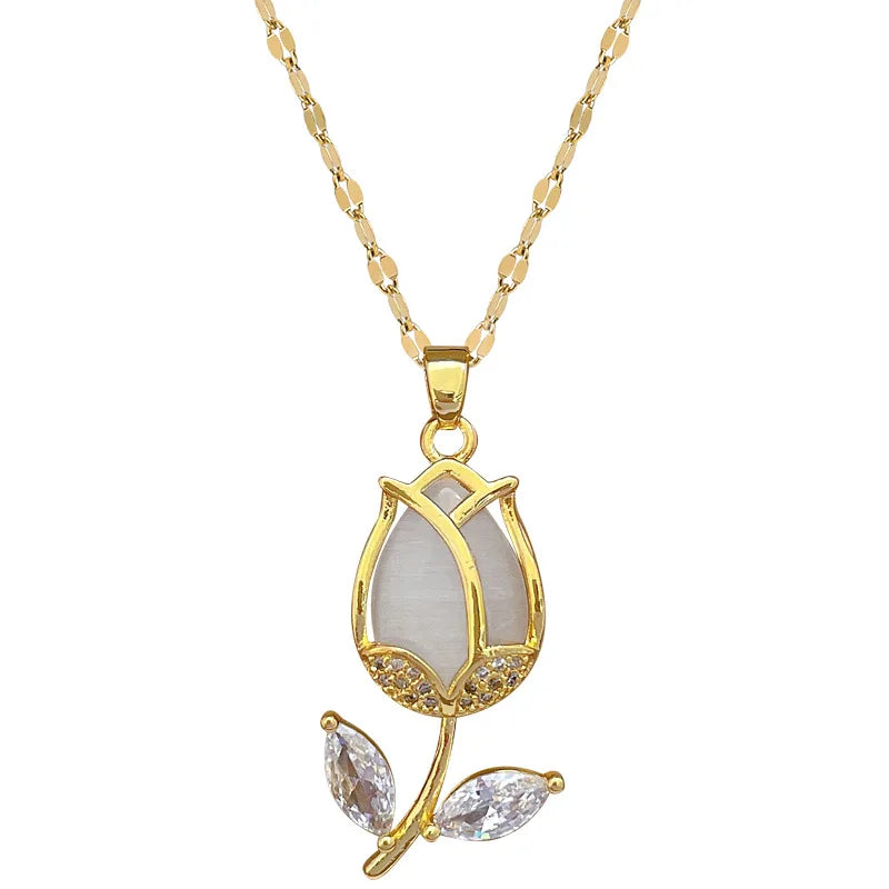 Delicate Gold Plated Stainless Steel Chain Tulip Necklace Women Bling Cubic Zircon CZ Leaf Tulip Flower Necklace Jewelry