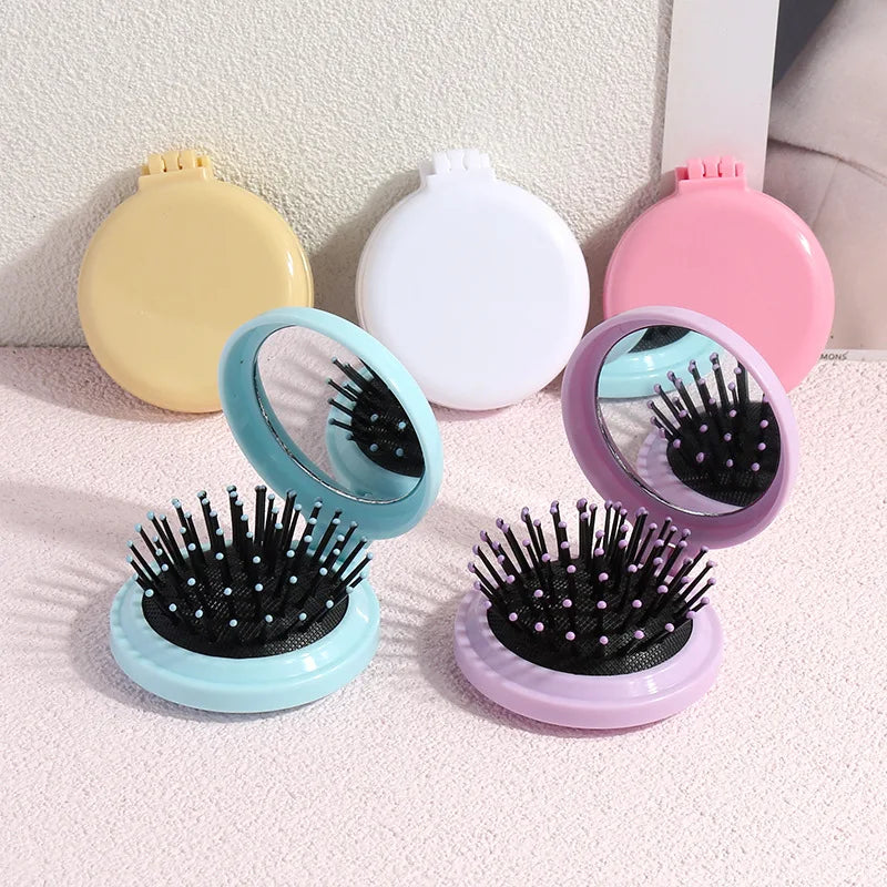 Private Label Portable Mini Mirror Folding Air Bag Massage Comb Round Travel Pocket Hair Brush with Mirror Custom Logo
