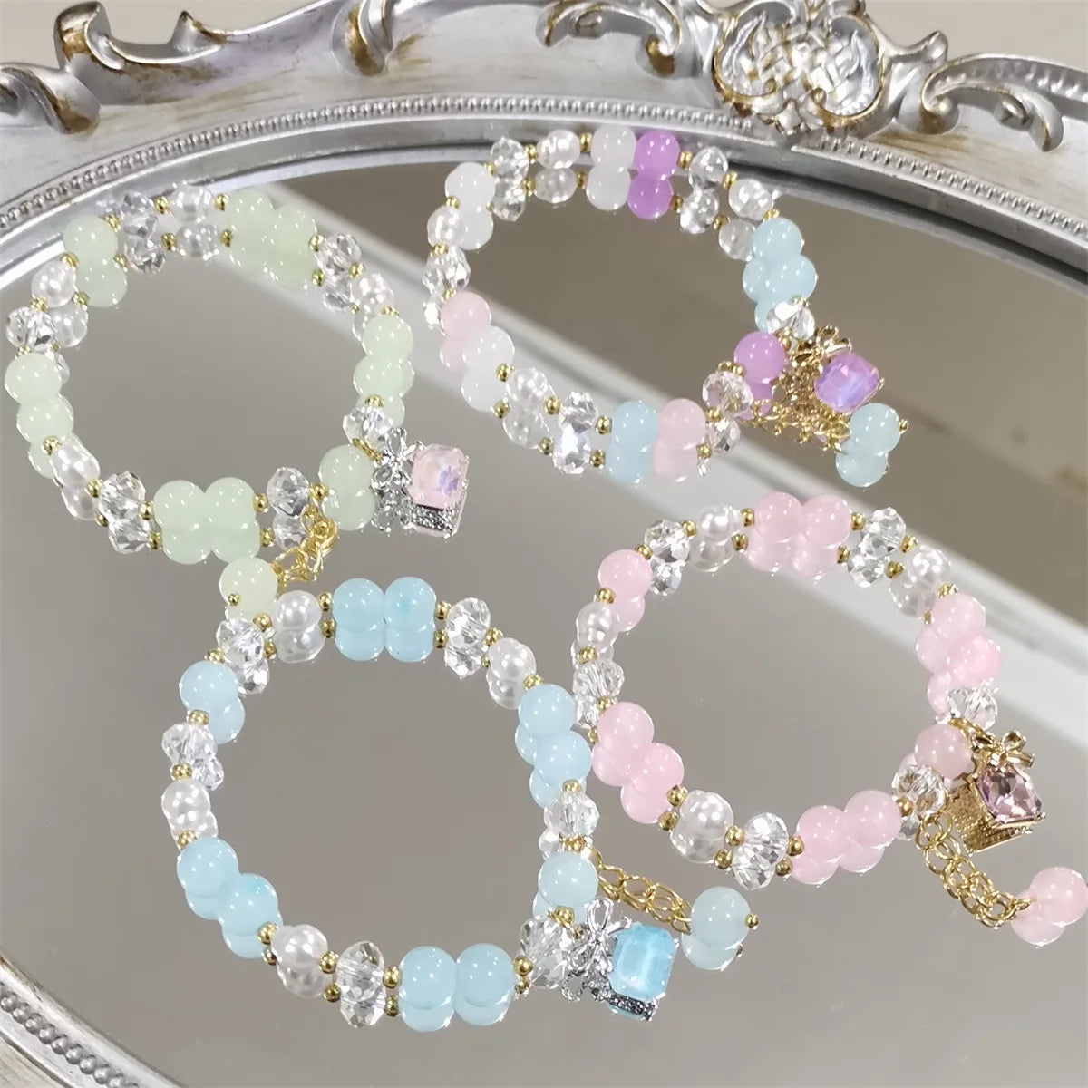 Fashion Candy Color Stone Bowknot Crystal Pendant Bracelet Jewelry Cute Beaded Bracelets for Women Girls