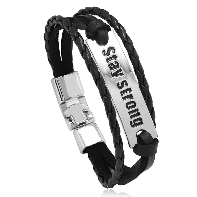 Stay Strong Engraved PU Leather Inspirational Words Bracelet with Anchor Clasp