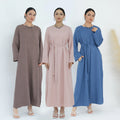 Wholesale Simple Linen Plain Closed Fashion Woman Clothing Modest Womens Dresses Daily Wear With Belt Abaya Women Muslim Dress