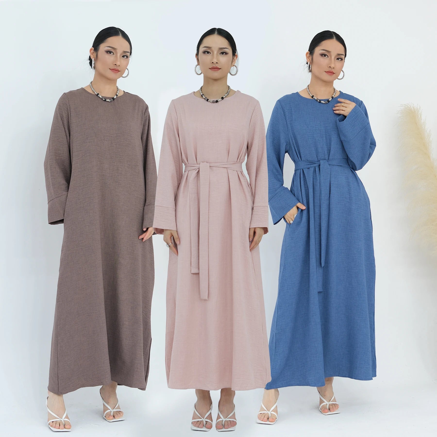 Wholesale Simple Linen Plain Closed Fashion Woman Clothing Modest Womens Dresses Daily Wear With Belt Abaya Women Muslim Dress