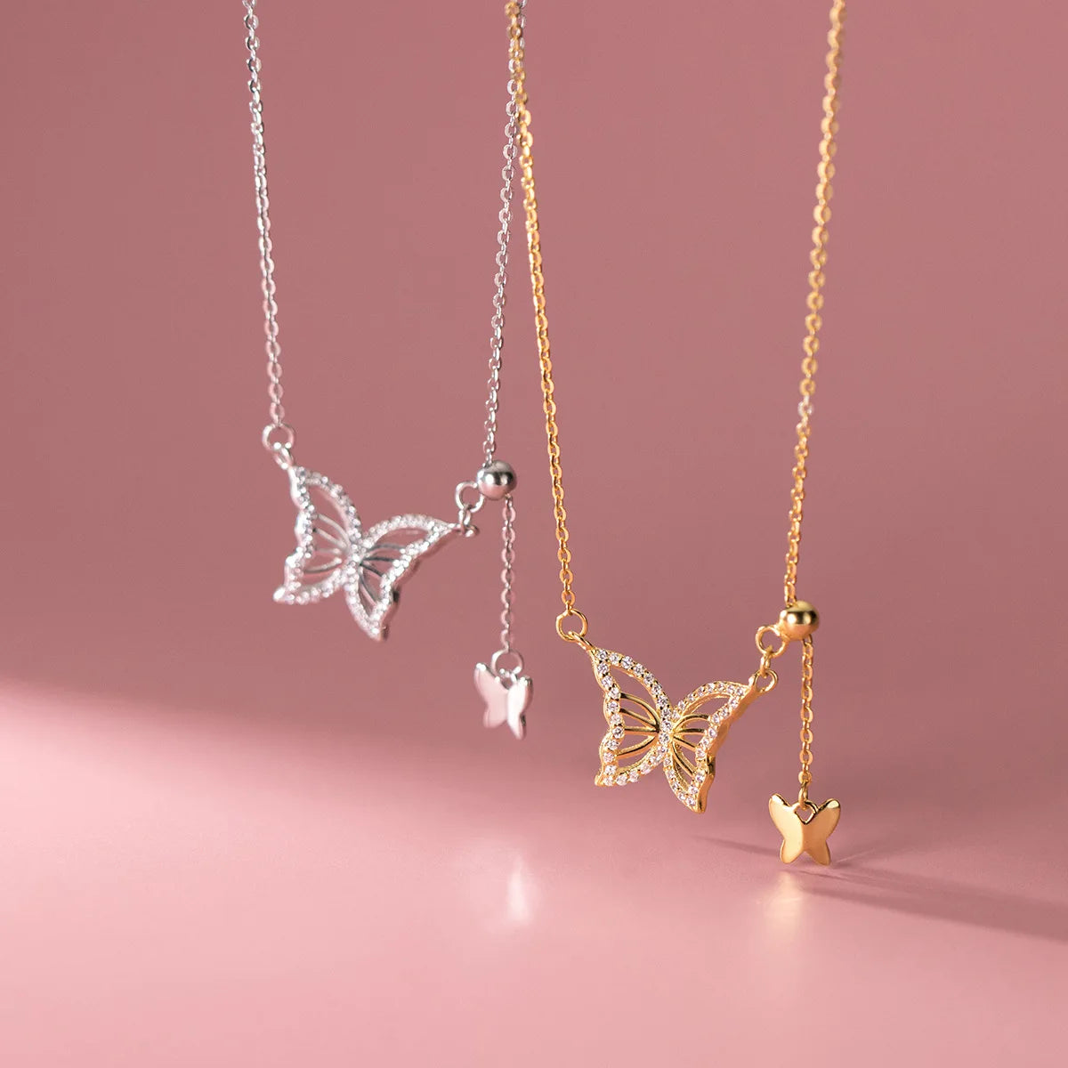 Fashion Fine Jewelry 925 Sterling Silver butterfly Double Butterflies Diamond Tassel Adjustable Gold Plated Necklaces Women