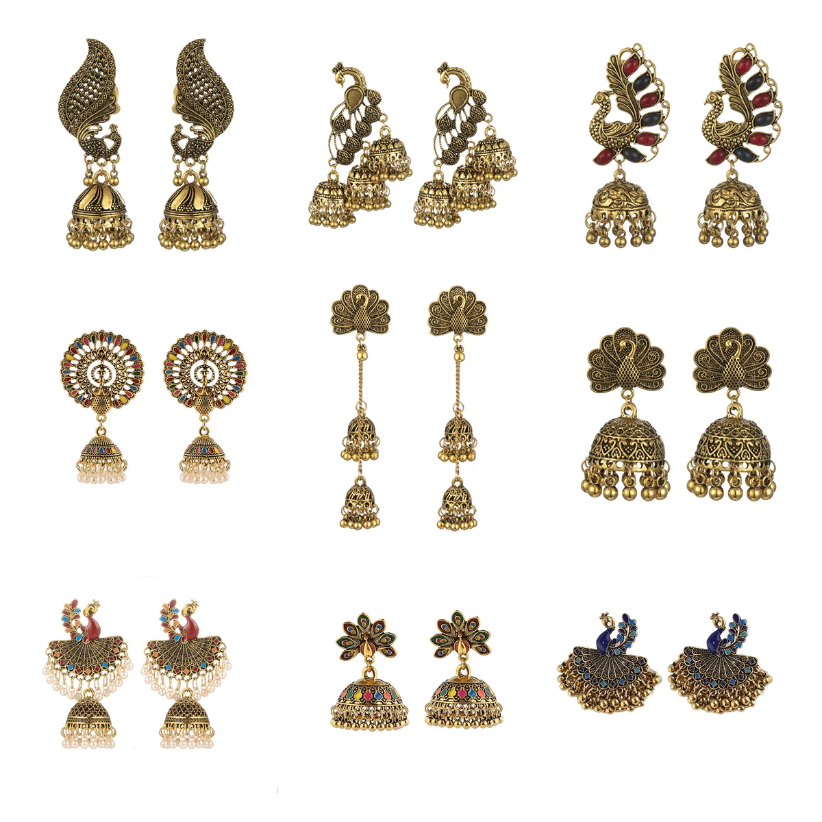Hot Sale Heavy Gold Silver Plated Peacock Charm Earring for Women Statement Large Indian Jhumka Bell Earrings