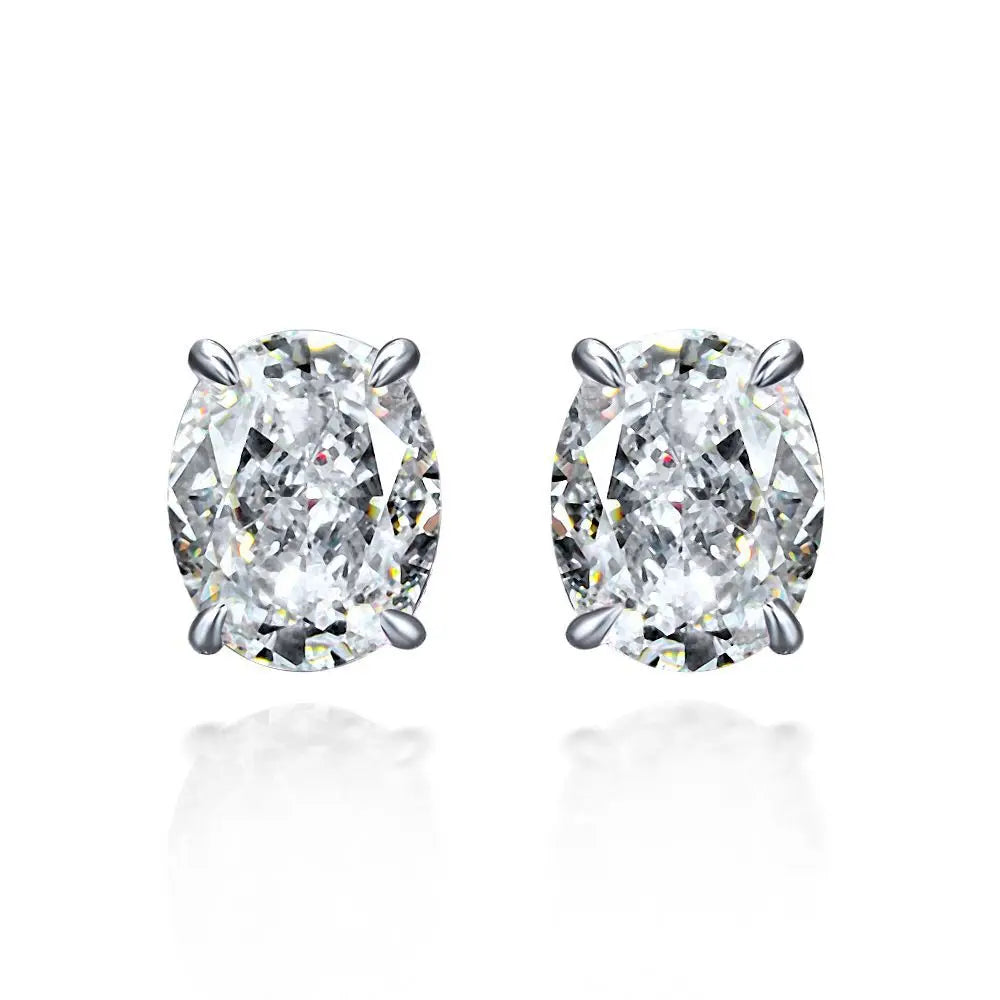 925 Silver Earring Oval White Gold Plated Classic Cut Zirconia Stone Stud Earrings Jewelry