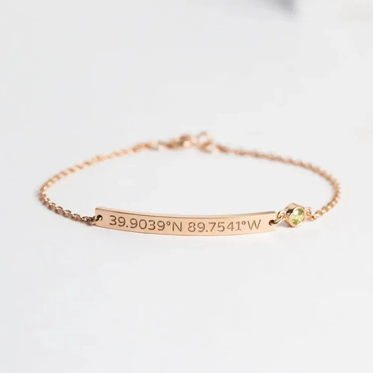 Wholesale Personalized Memorial Jewelry 925 Sterling Silver Initial Letter Engraved Curved bar Bracelet with Birthstone