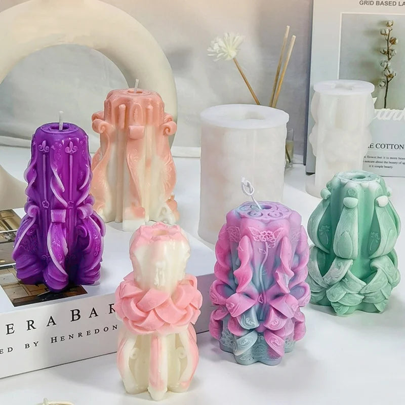 E-1005 DUNHUANG Style Carving Cylinder Silicone Candle Mold Lotus Pattern Sculpture Plaster Carved Pillar Art Crafts Soap Mould