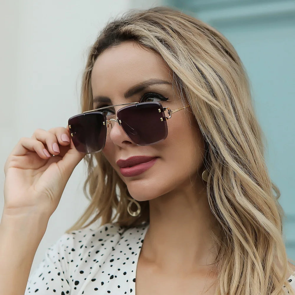 Luxury Fashion Rimless Oversized Square Metal UV400 Sunglasses with Double Bridge for Women & Men