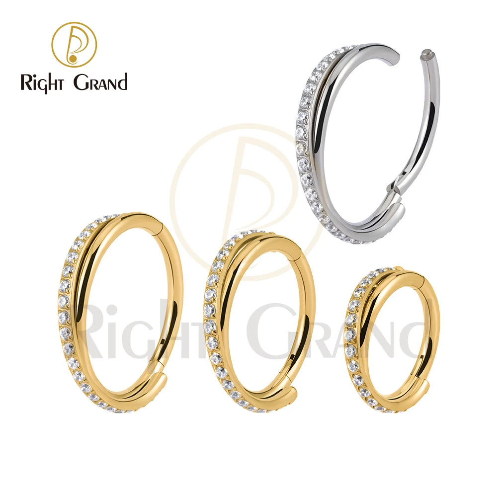 Right Grand Implant Grade ASTM F136 Titanium Clear Zircon Mirror Polish Hinged Clicker for Cartilage Helix Piercing