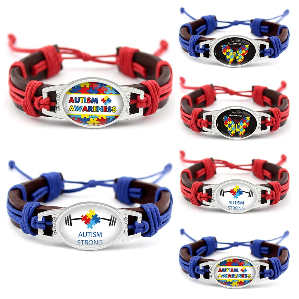 Manufacturer Autism Awareness Genuine Leather Bracelet Autism Speaks Puzzle Piece Jigsaw Pieces Charm Leather Wrap Bracelet