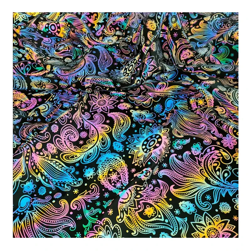 Breathable High Visible rainbow Iridescent Holographic Paisley Floral Printed Women Garment Reflective Polyester Spandex Fabric