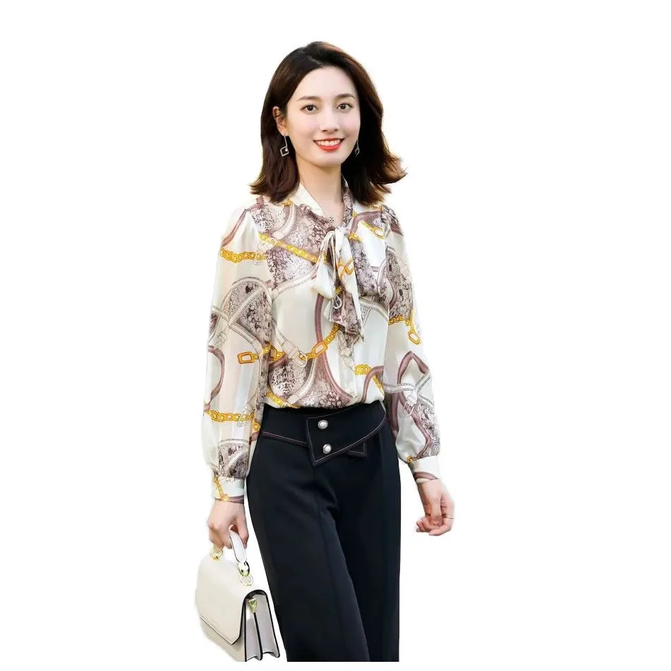 Women's Casual Solid Woven Pleated Blouse Bow Tied Neck Long Sleeves Front Logo Spring Summer Loose Breathable Shirt