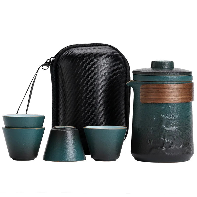 Ceramic Stoneware Eco-Friendly Asian Zen Quick-Brew Cup Set Portable Travel Drinkware Tea Kit One Pot Four Cups for Carrying