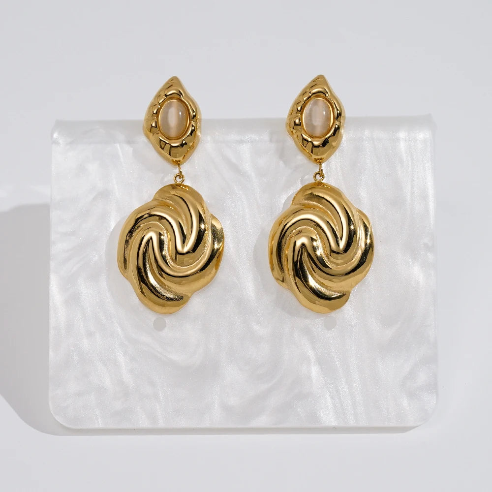 Latest 18K Gold Plated Stainless Steel Jewelry Irregular Oval Agate Spiral Drop Earrings Waterproof for Woman Earrings E241624