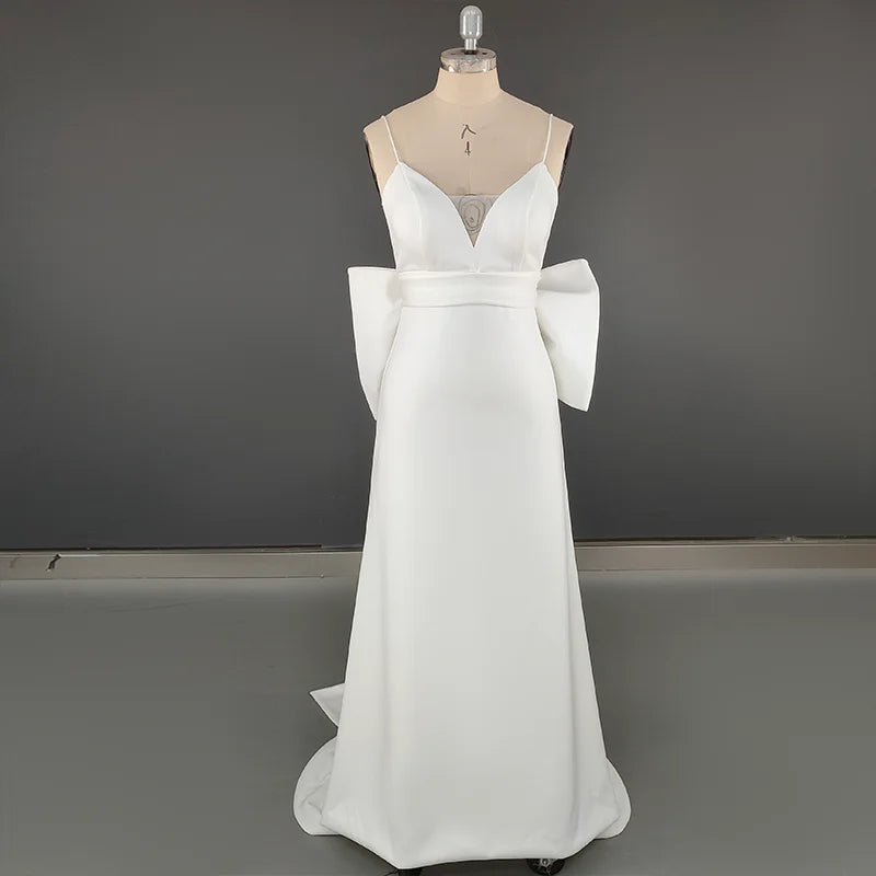 10502# Elegant Beach Backless V-neck Sheath Illusion Spaghetti Straps Wedding Dress With Big Bow Zipper Sweep Train Bridal Gown