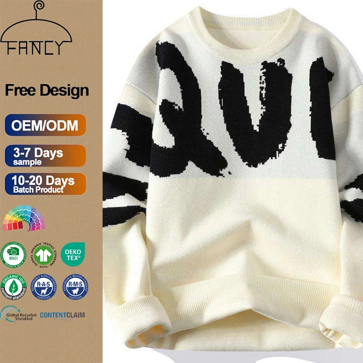 Autumn Winter Trendy Large Letters Pattern Knit Sweater Jumper for Men Plus Size Breathable Made of Polyester NylonSpandex