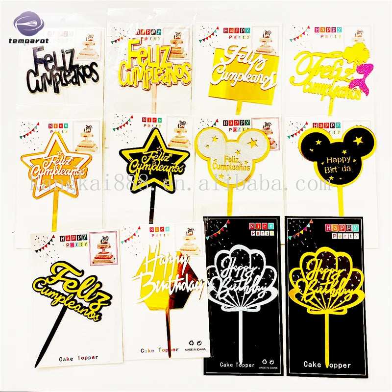 Wholesale Laser Cut Acrylic Cake Toppers Machine Happy Birthday Cake Decoration Tool Spanish Feliz Cumpleanos Topper