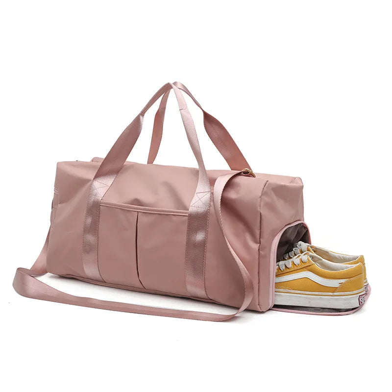 New Custom Logo Waterproof Gym Duffel Sports Bag Travel Overnight Pink Women Handbag with Multifunction Storage Shoulder Bag