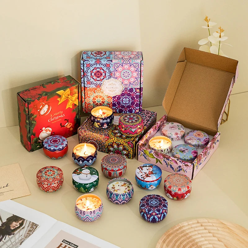 Color Gift Box 2.2 oz Soy Wax Set 4 Perfume Massage Tin Dry Flowers Mini Scented Candle Wedding Christmas New Year Aromatherapy