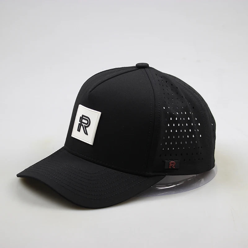 Custom Men's 5 Panel Laser Cut Logo Dad Hat Quick Dry Waterproof Performance with Rubber Jersey and Terry Sporty Gorras