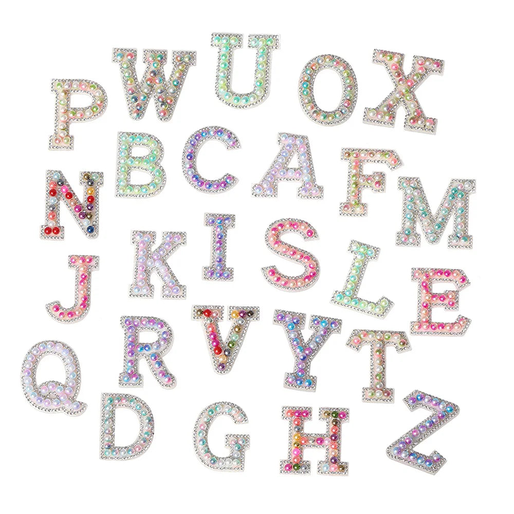 Hot Sale Fancy A-Z Per Set Handmade Self  Adhesive Rhinestone Pearl Letter Alphabet Patches for Clothes Bag