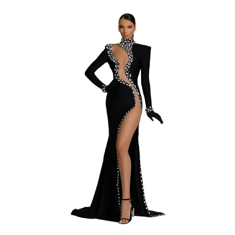 2025 Celebrity Series Women's A-Line for Bandage Dress High Slit Side Seam Long Brick Tight One-Piece Rhinestones Pearl XS