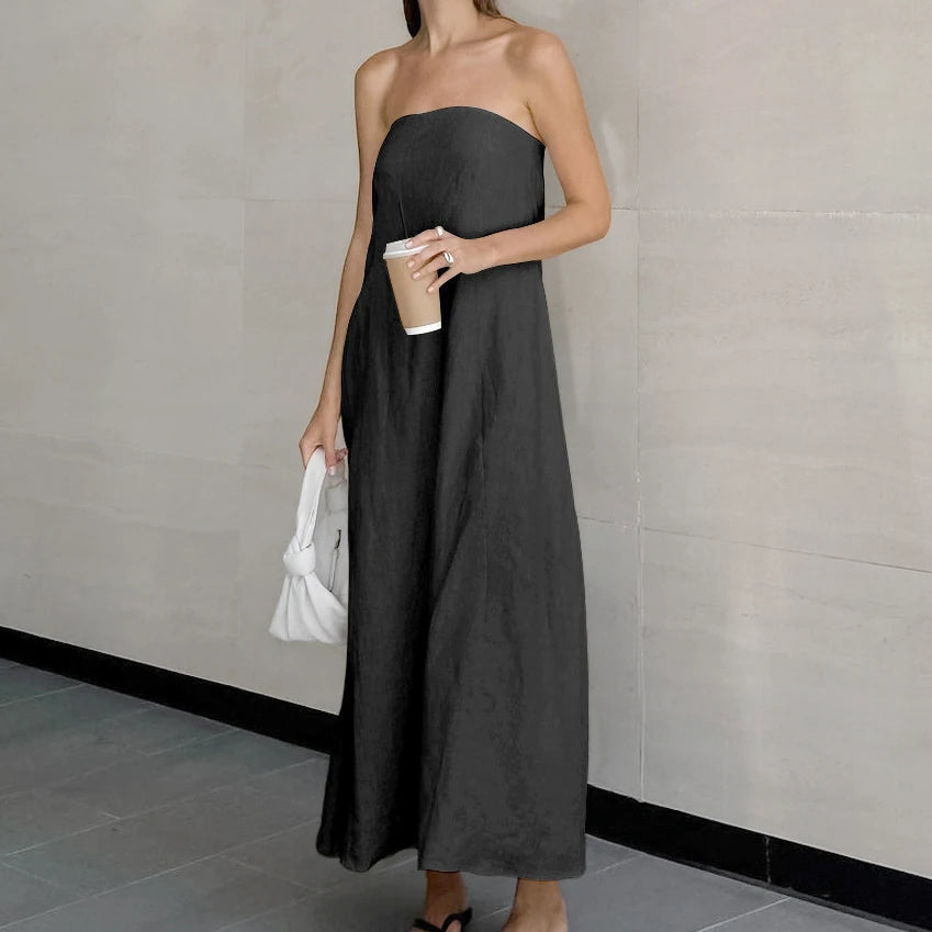 Enyami Cozy Cotton Linen Strapless Loose Holiday Summer Beach Resort New Style Khaki Long Dress Women With Pockets