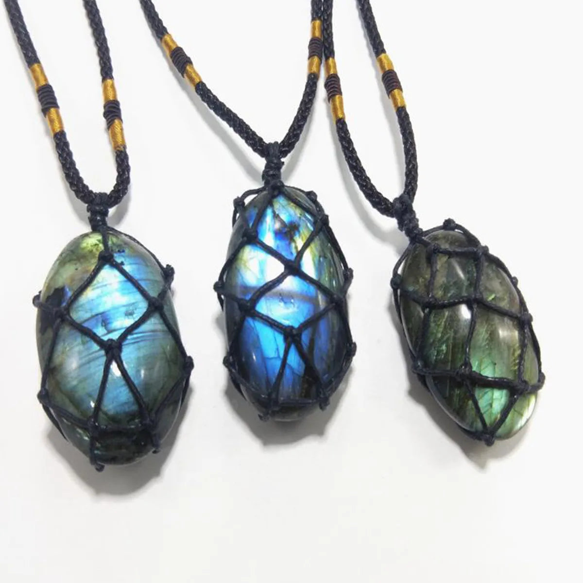 Women Mens Wrap Natural Stone Crystal Moonstone Labradorite Mesh Woven Vintage Jewelry Pendant Necklace