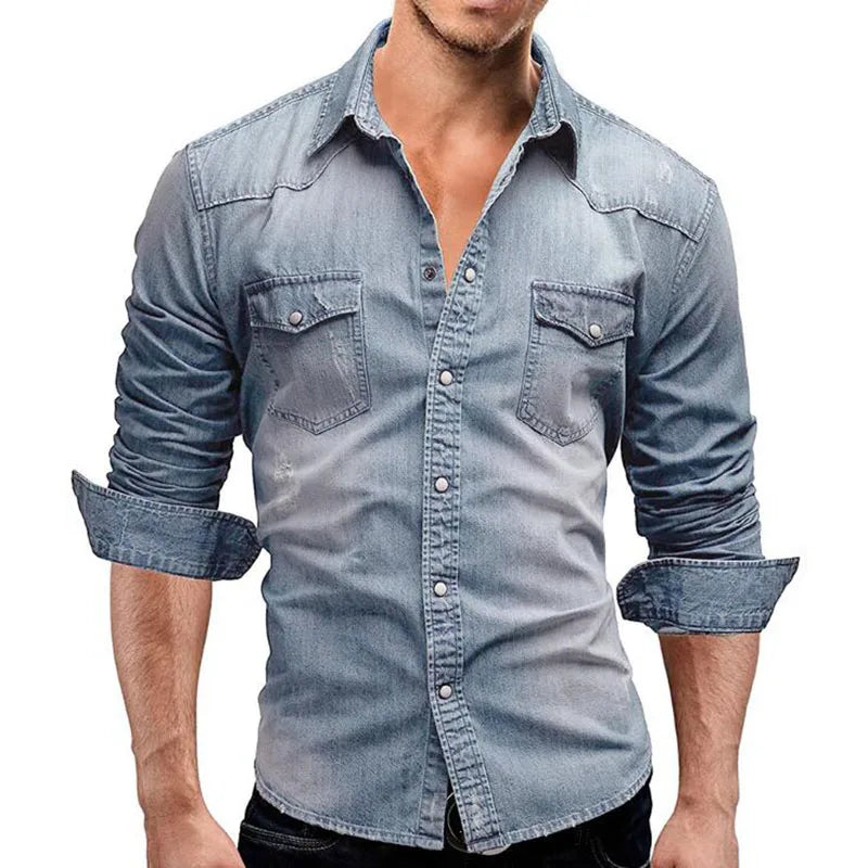 RNSHANGER New Men's Denim Shirt Fashion Long Sleeve Soft Solid Slim Cowboy Tops Men Trend Streetwear Vintage Casual Male Shirts